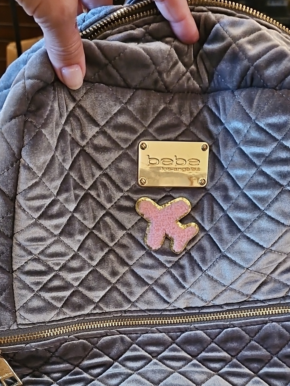 bebe Quilted Gray Velvet Backpack with Pink Patch and Gold Platev30